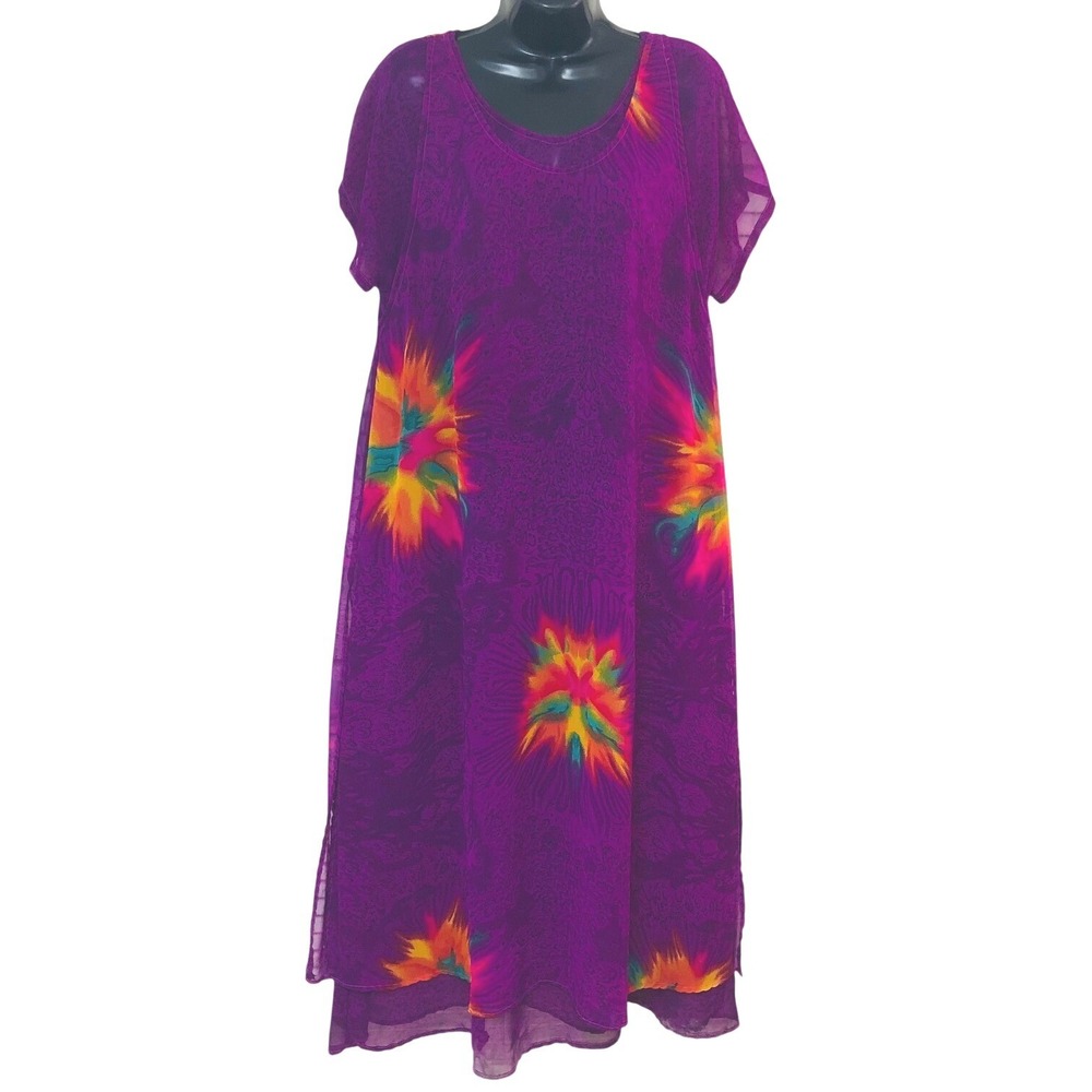 Vintage Sunburst Overlay Midi Dress Women L Magenta Artsy Sheer Boho Flowy Relax